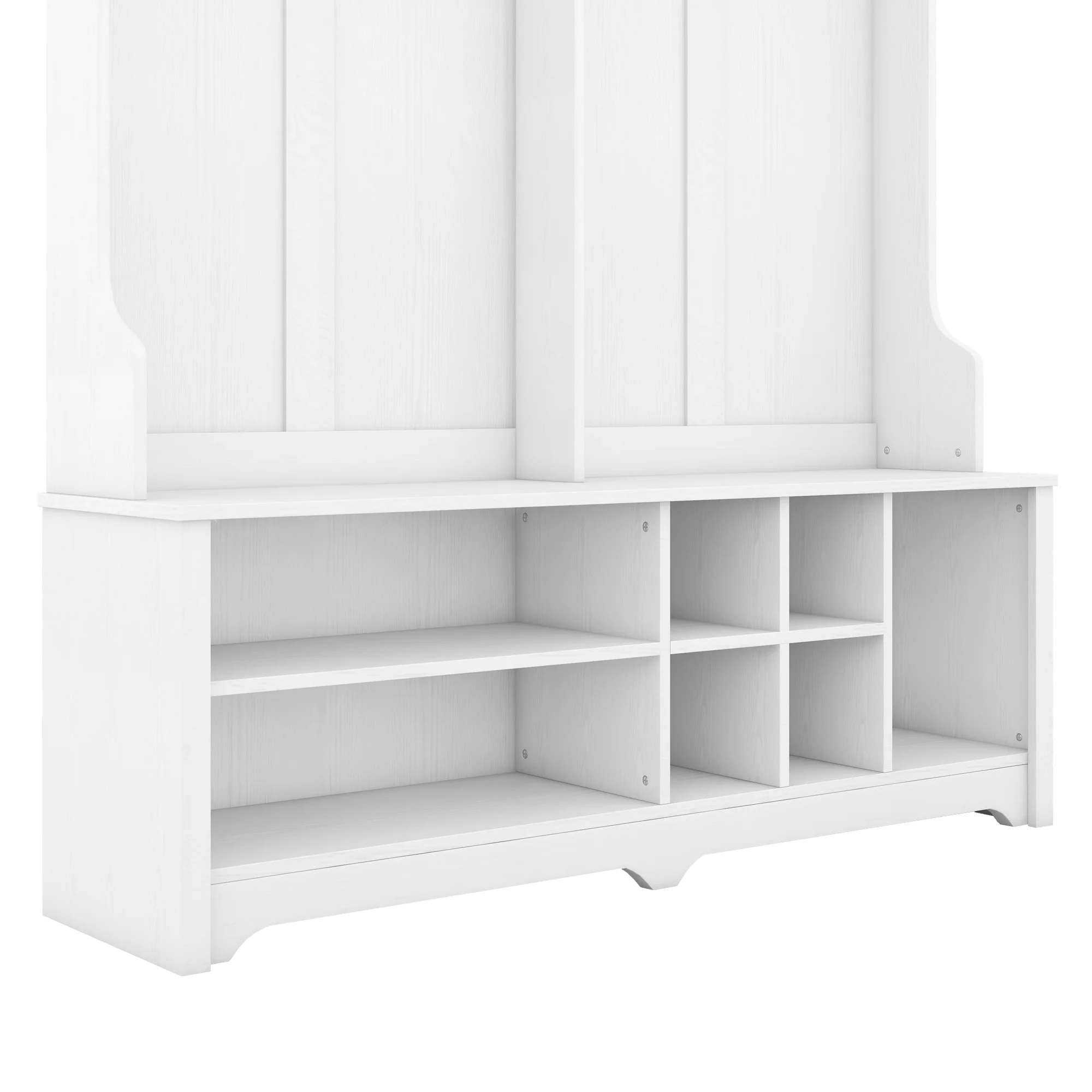 Modern Hallway Hall Tree with Metal Hooks and Storage Space, Multi-Functional Entryway Coat Rack with Shoe Cubbies, White (Pre-sale date: December 18th)