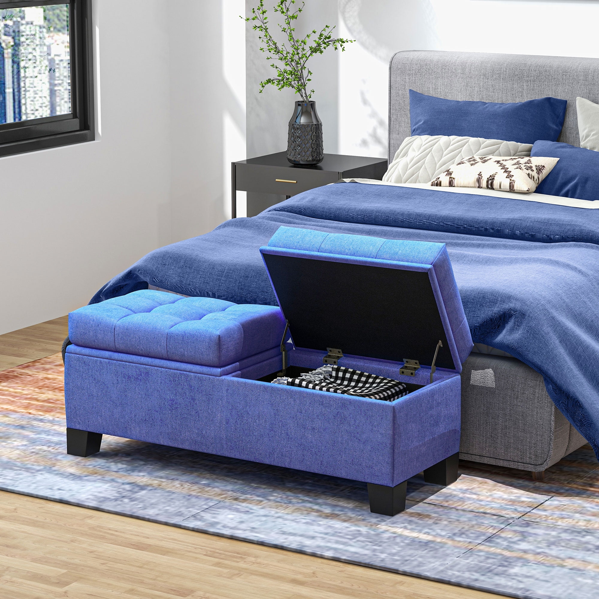 HOMCOM Storage End of Bed Bench, Upholstered Bench with Steel Frame, Blue