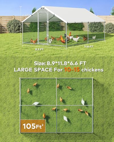 Large Metal Chicken Coop Run with Spire Roof – Outdoor Poultry Cage with Waterproof & UV-Resistant Cover for Chickens, Ducks, Rabbits, and Hens in Yard or Farm Use(8.9’ W x 11.8’ L x 6.6’ H)