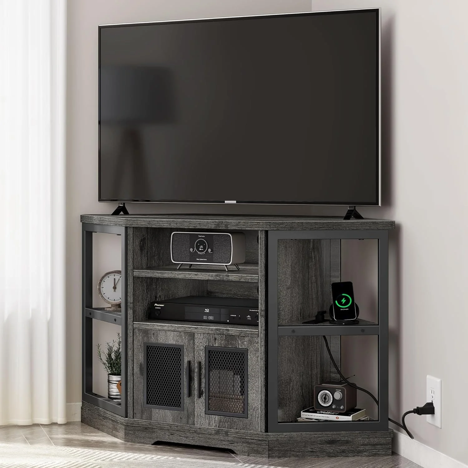 FJU Corner TV Stand for TVs up to 55 Inch with Power Outlet, Modern Farmhouse Entertainment Center, Wood TV Media Console with Storage Cabinets Shelves for Living Room Bedroom, Gray Oak