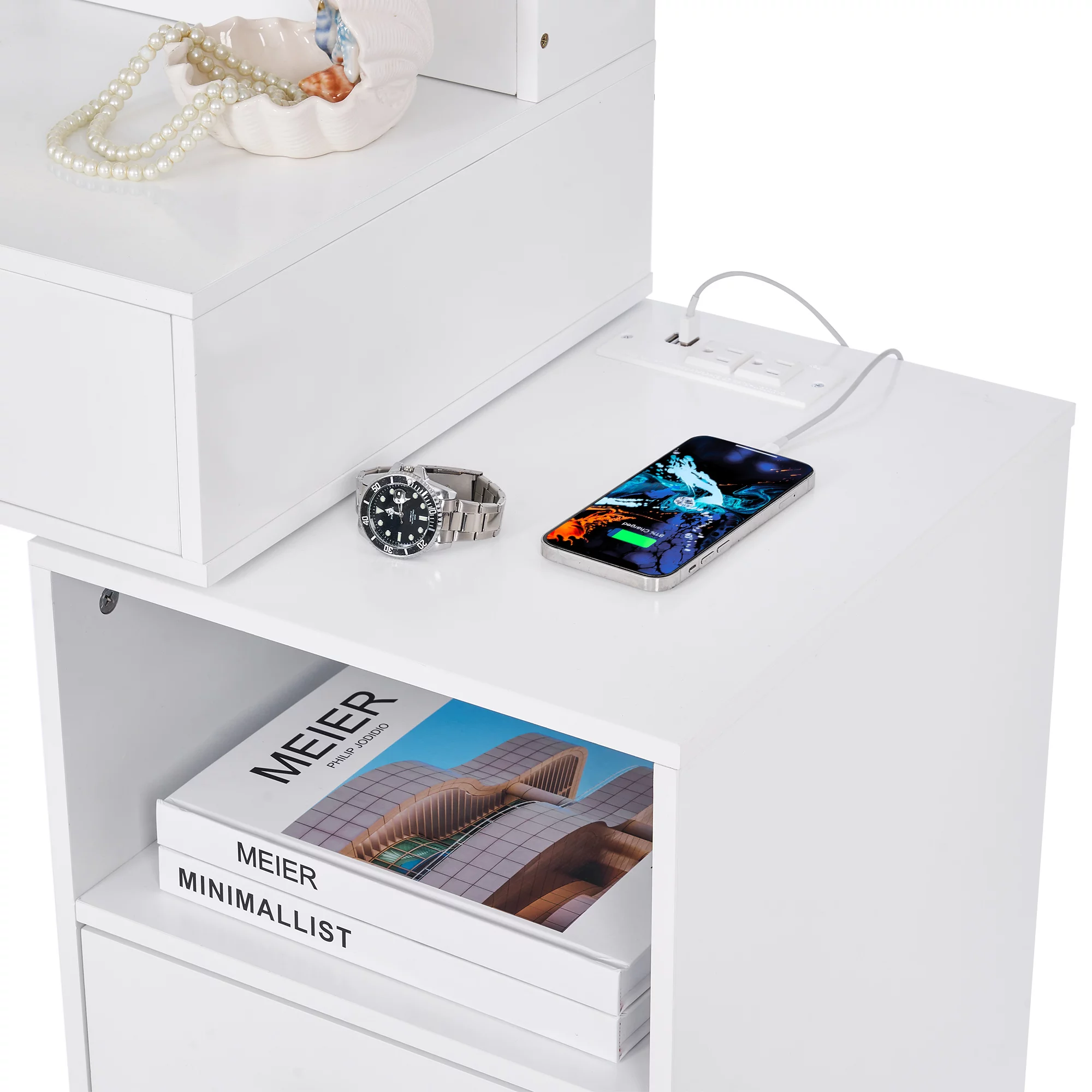 BEWISHOME Vanity Desk with Mirror and Lights, Makeup Vanity with Lights, White Vanity with Charging Station & Cabinets, Makeup Desk Vanity Table with 3 Colors Modes, Dressing Table Vanity Set FST18W