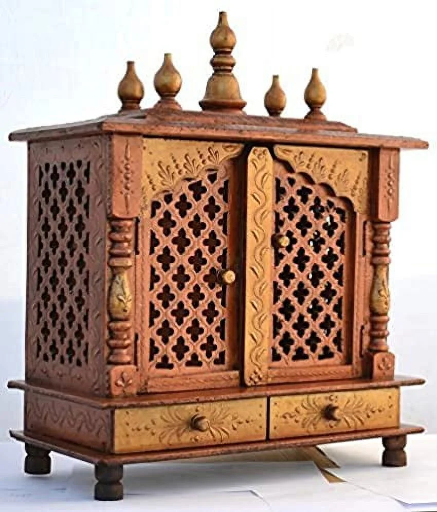Mereappne Wooden Pooja Mandir Indian Hindu Decorations Puja God Satyanarayana Temple Cabinet Bhagwan Stand Mandapam Wall Hanging Decor for Home