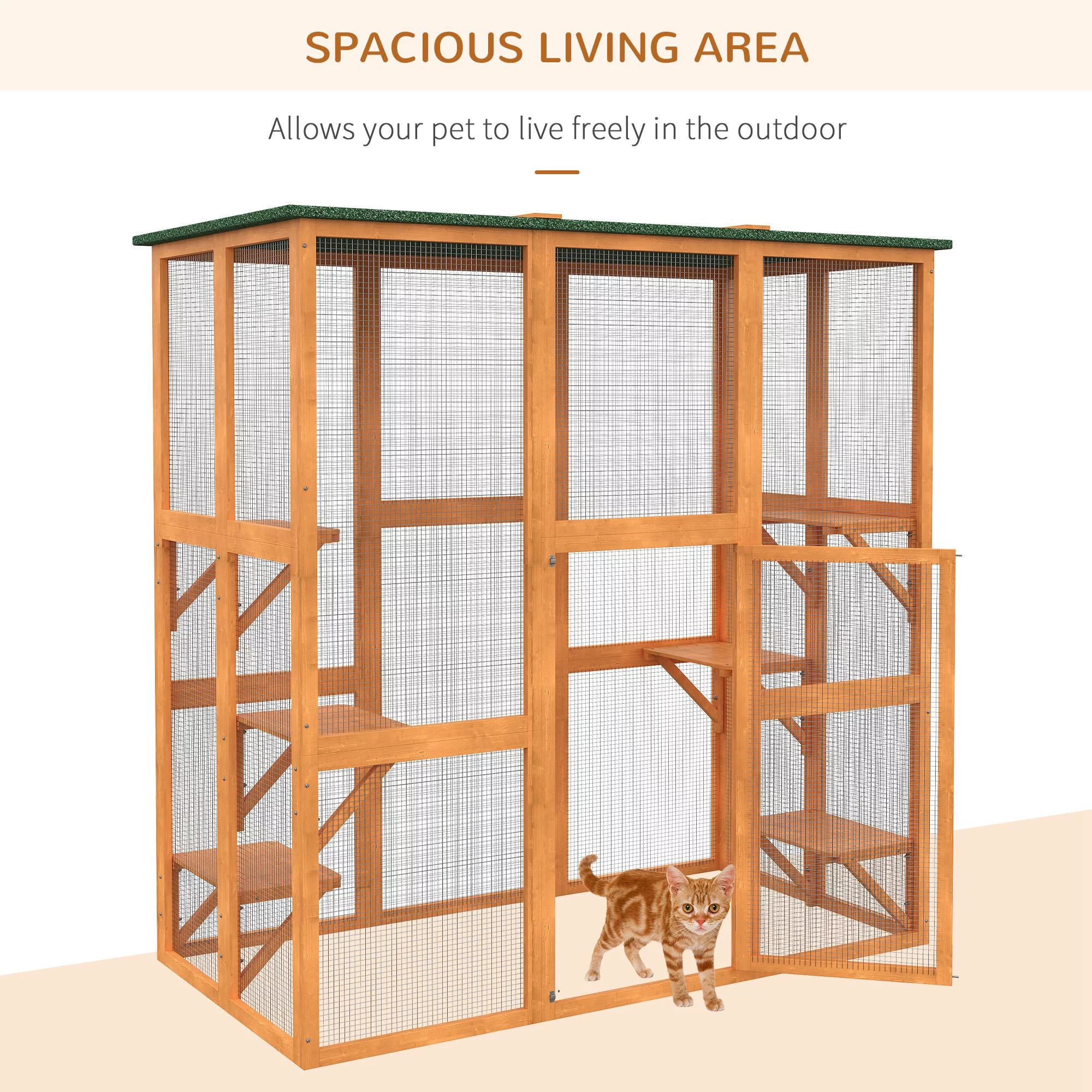 PawHut Outdoor Cat House Big Catio Wooden Feral Cat Shelter Enclosure with Large Spacious Interior, 6 High Ledges, Weather Protection Asphalt Roof, 71" L, Orange