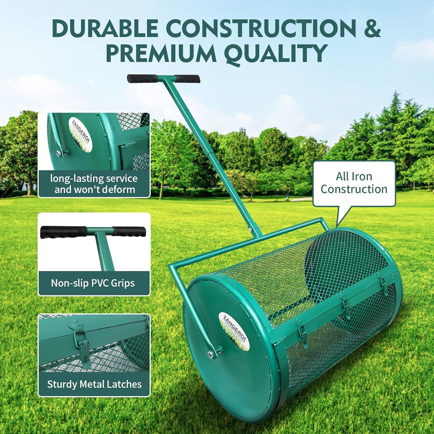 ZANGEROI Compost Spreader for Lawn Peat Moss Spreader for Lawn Manure Spreader Lawn Spreader Garden Spreader Yard Spreader with Metal Mesh Basket Adjustable Pole (31 inch)