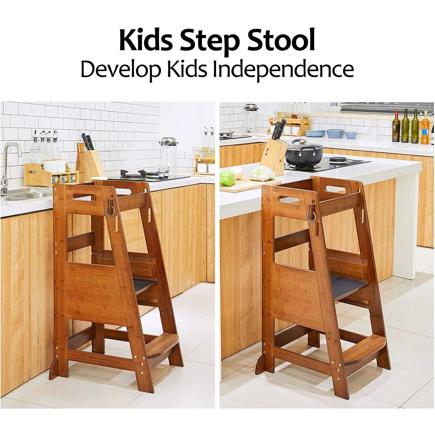TOETOL Bamboo Toddler Kitchen Step Stool Helper Standing Tower Height Adjustable - Shop Hardware Tools Online Store