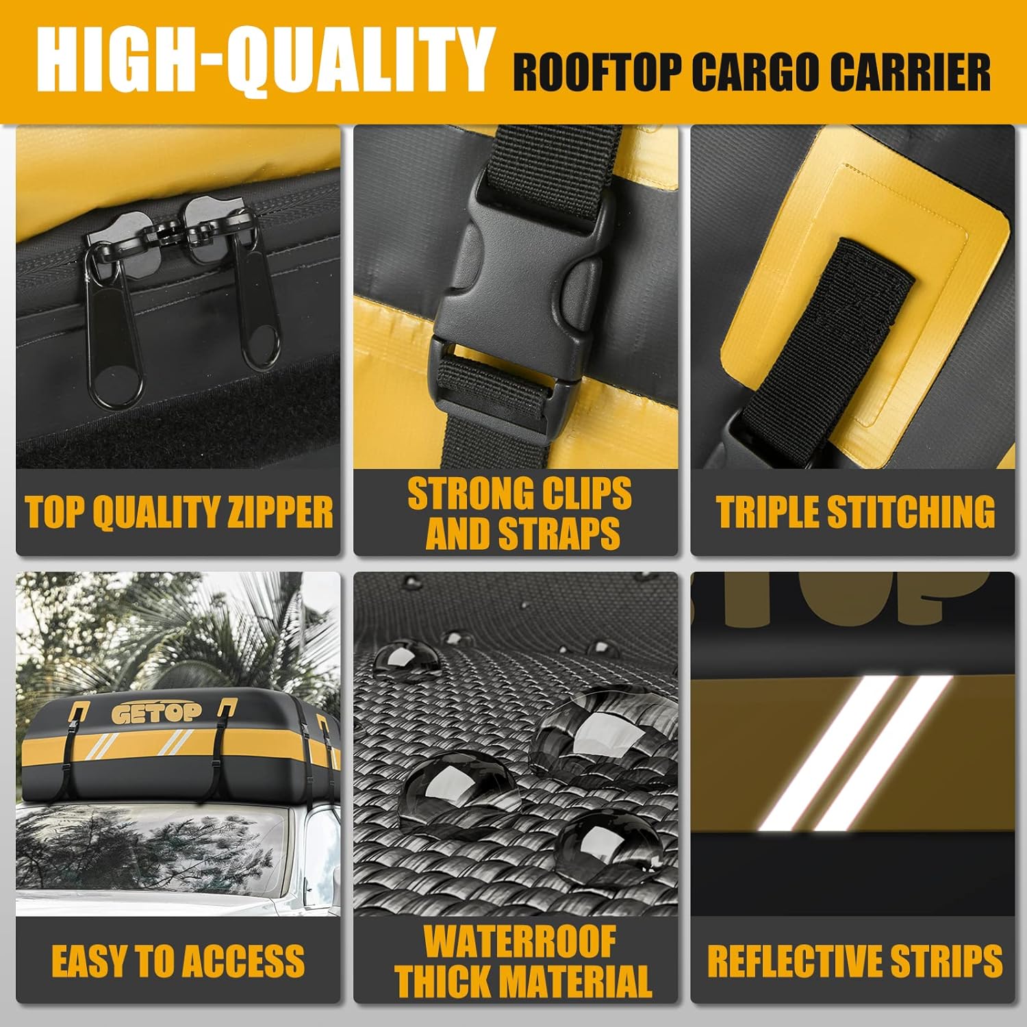 21 Cubic Feet Rooftop Cargo Carrier Bag Waterproof,GETOP 730D Car Roof Bag Heavy-Duty Soft-Shell for All Car with/Without Rack,with Non-Slip Mat, 6 Door Hooks，Lock，Storage Bag(Red)