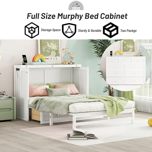 Queen Murphy Bed Cabinet, Murphy Bed Queen with Storage Drawer & Charging Station, USB Port, Solid Pine Wall Beds for Home Office, Studio or Guest Room, White