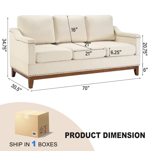 Classic 3-Seater Upholstered Sofa with Nailhead Trim, High-Density Foam Cushions & Sturdy Solid Wood Legs, Soft Fabric Couch for Living Room, Beige