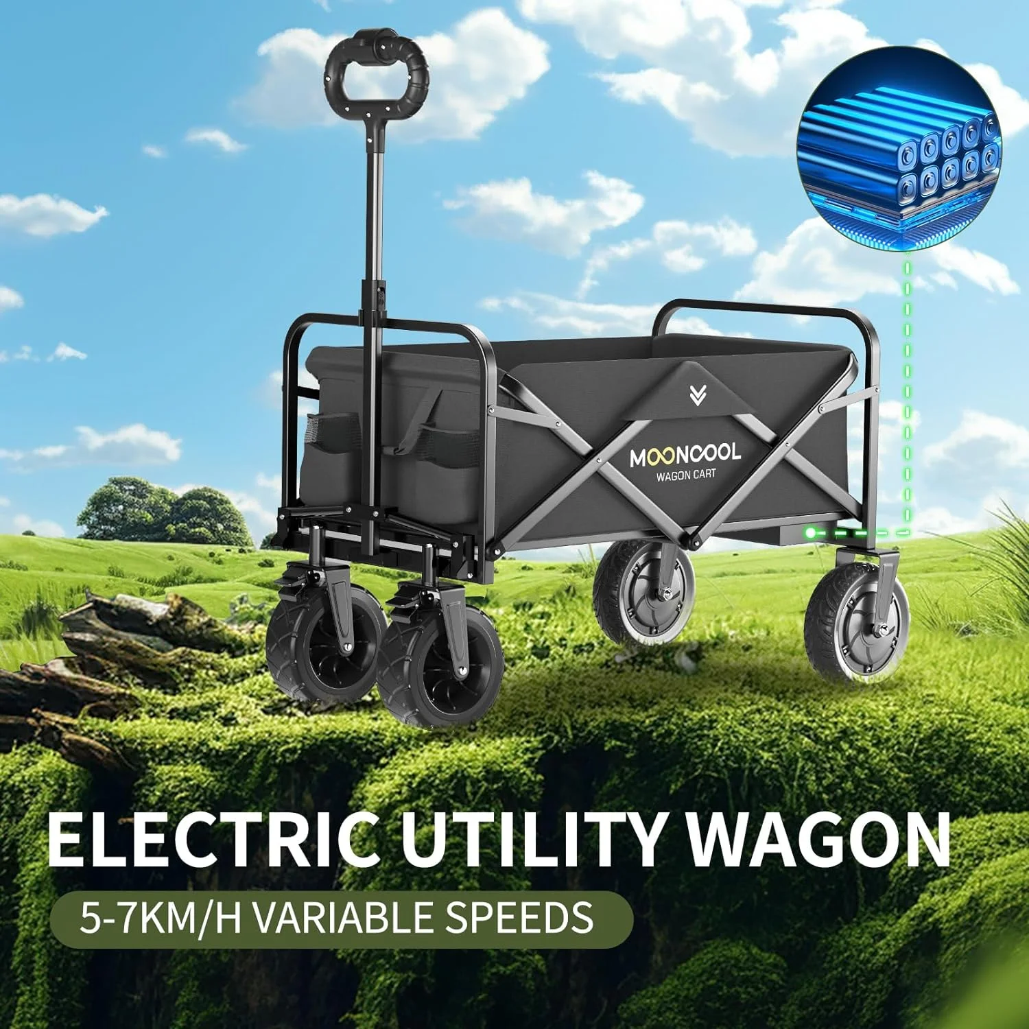 ABORON Collapsible Electric Utility Garden Wagon with 8" All-Terrain Wheel,Electric Drive Foldable Storage Beach Wagon,Multi-Purpose Big Bucket Cart for Camping, Garden, Shopping