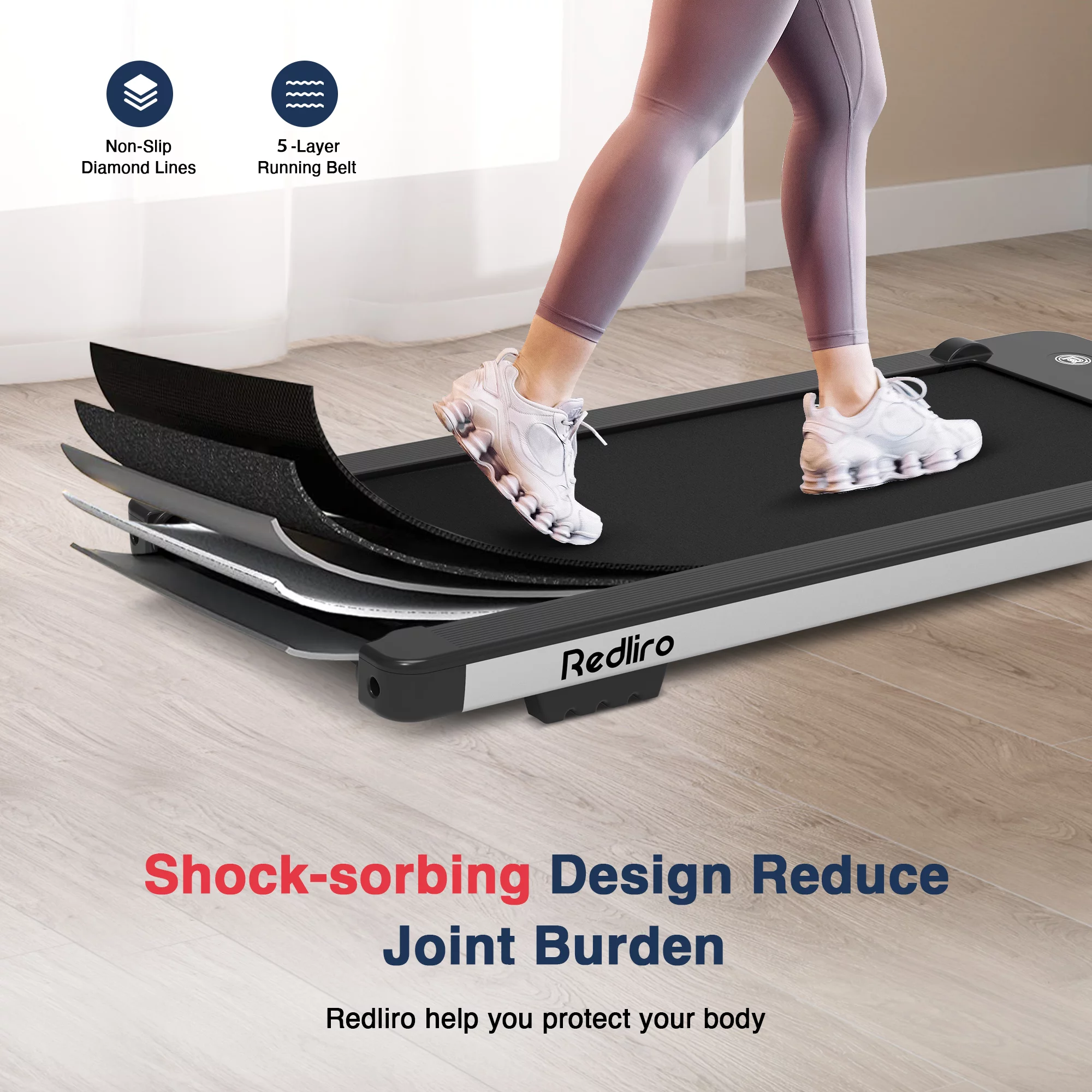 Redliro Under Desk Treadmill Walk Pad 2.25HP 300LBS Anti-Slip Belt Compact for Home Office, Silver