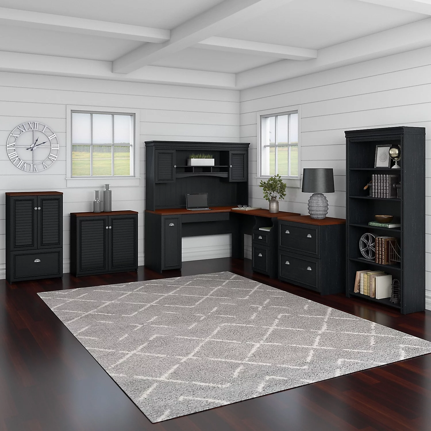 Fairview L Shaped Desk with Hutch and Storage Set in Black - Engineered Wood