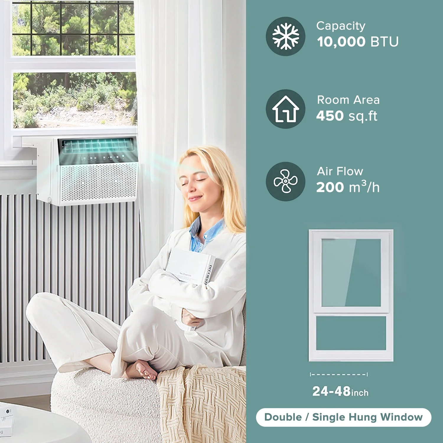 KISSAIR Window Air Conditioners 8,100 BTU (12,000 BTU ASHARE), U-Shaped Air Conditioner Window Unit Cools up to 550 Sq. Ft, 3-In-1 Window AC Units, Full Window View-White
