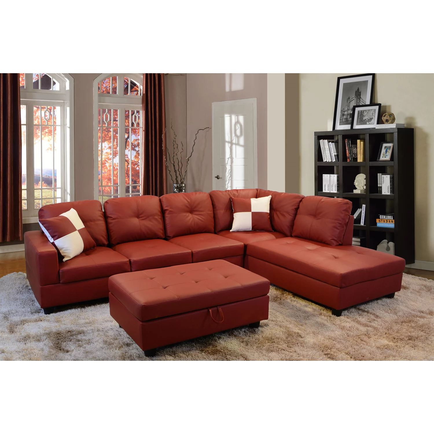 LIFESTYLE L Shape Sectional Sofa Sets with Waist Pillows for Living Room, Red