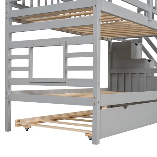 MERITLINE House Bunk Beds Twin Over Twin with Slide, Twin Bunk Bed with Storage Stairs and Trundle, Wood Kids Bunk Bed with Roof and Window Design for Girls, Boys,White