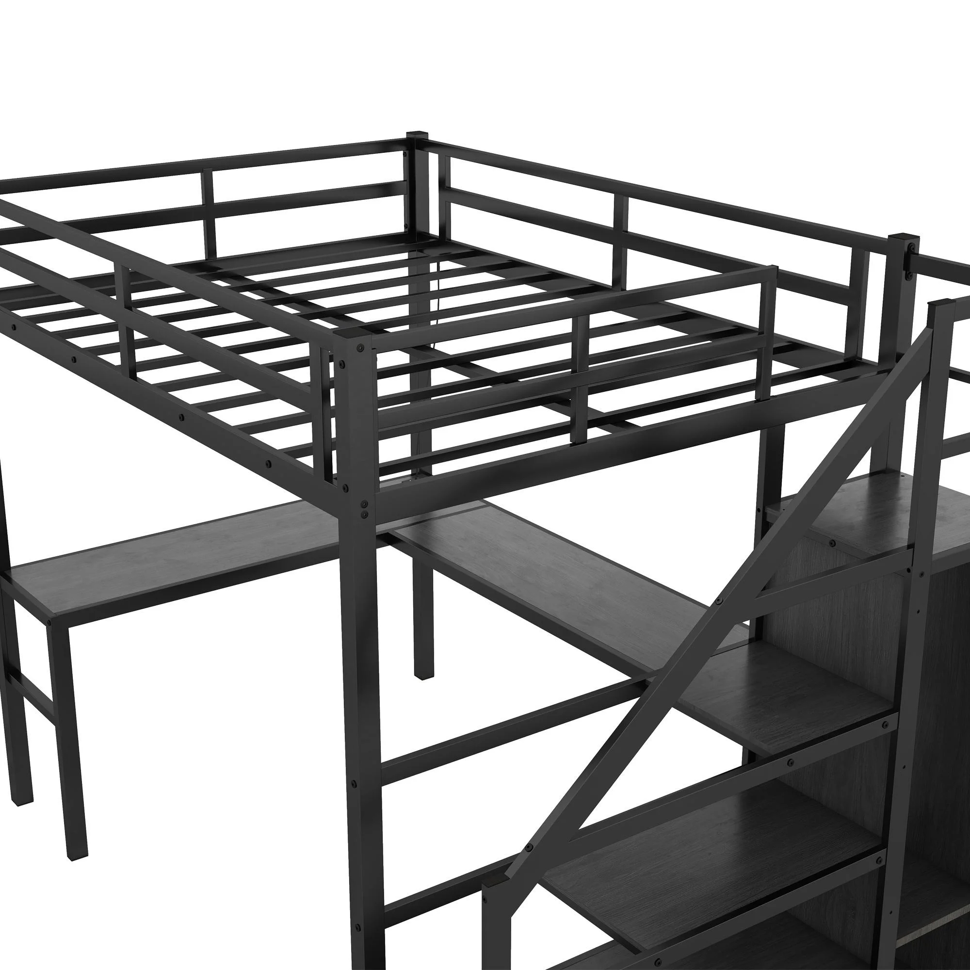 Full Size Loft Bed with Desk and Stairs, Metal Loft Bed Frame with Wardrobe and USB Charging Station, High Loft Bed with LED Light for Kids Teens Adults-Black