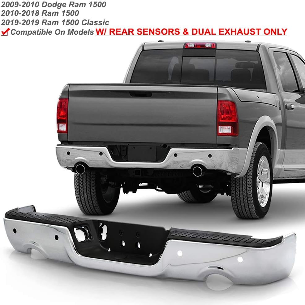 ACANII - For 2009-2018 Dodge Ram 1500 w/Dual Exhaust & Sensor Holes Only Chrome Steel Rear Step Bumper Complete Assembly