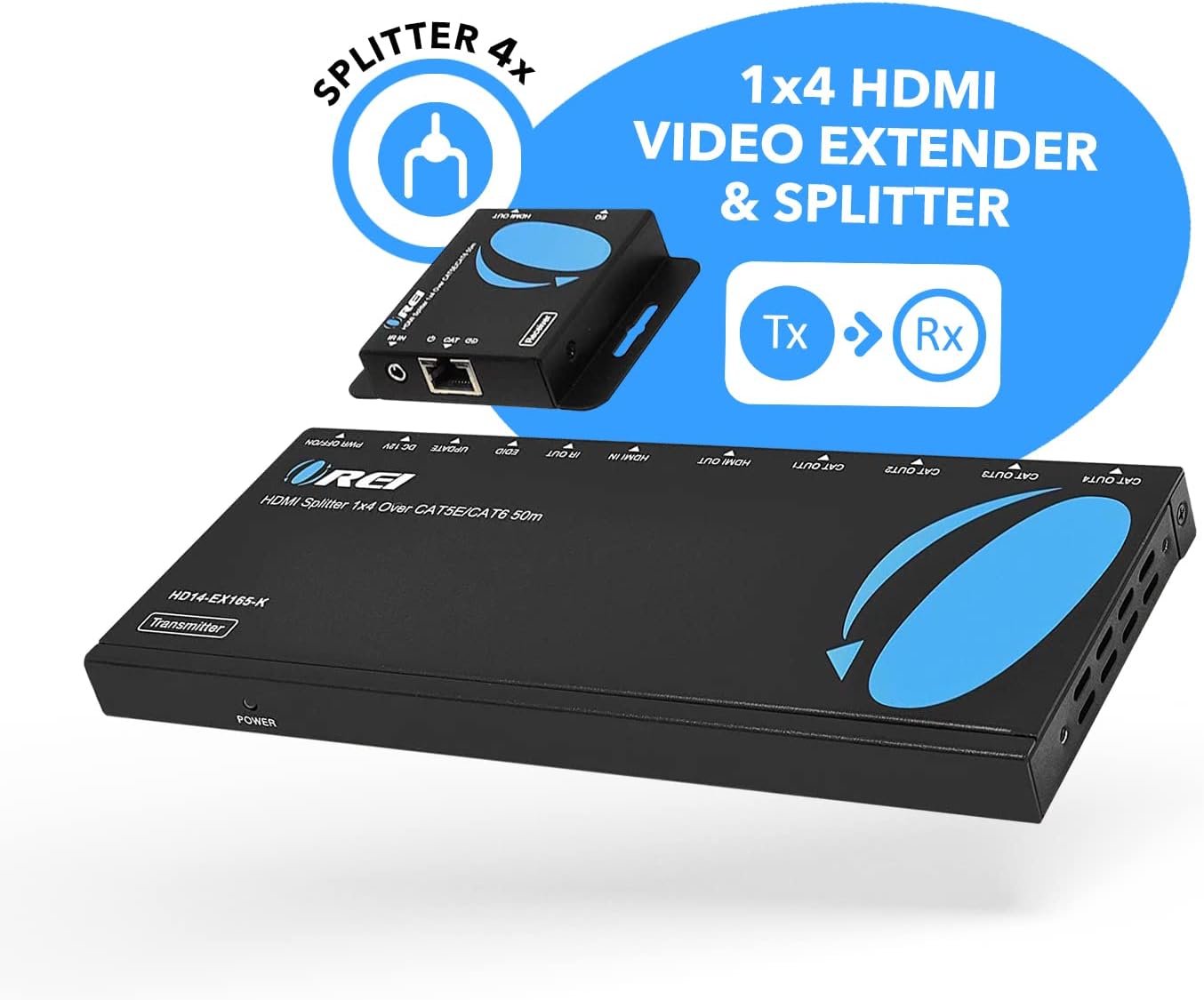OREI 1x4 HDMI Extender Splitter Multiple Over Single Cable CAT6/7 1080P with IR Remote EDID Management - Up to 165 Ft - Loop Out - Low Latency - Full Support
