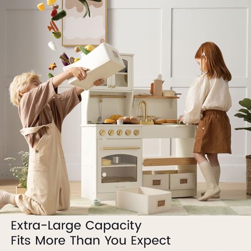 Tiny Land Play Kitchen for Kids with Enhanced Storage – Modern Toddler Kitchen Playset with Stove, Sink & Accessories, Organized Wooden Toy Kitchen, Ideal for Toddlers