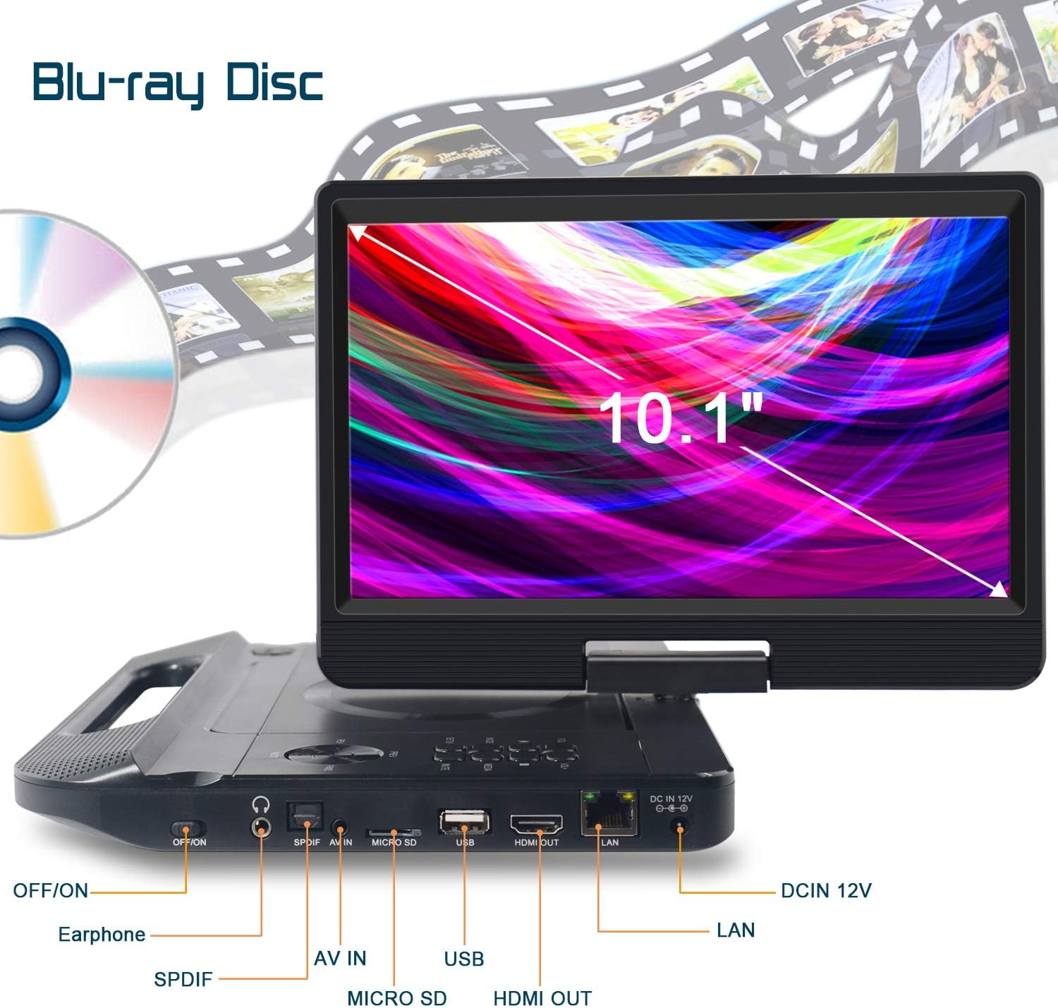 FANGOR 12.5 1080P Portable Blu-Ray Player with 10.5 HD Swivel Screen, HDMI Out & AV in, Multi Media Player, 5 Hours Rechargeable Battery, Supports USB/SD Card, Last Memory, Region Free