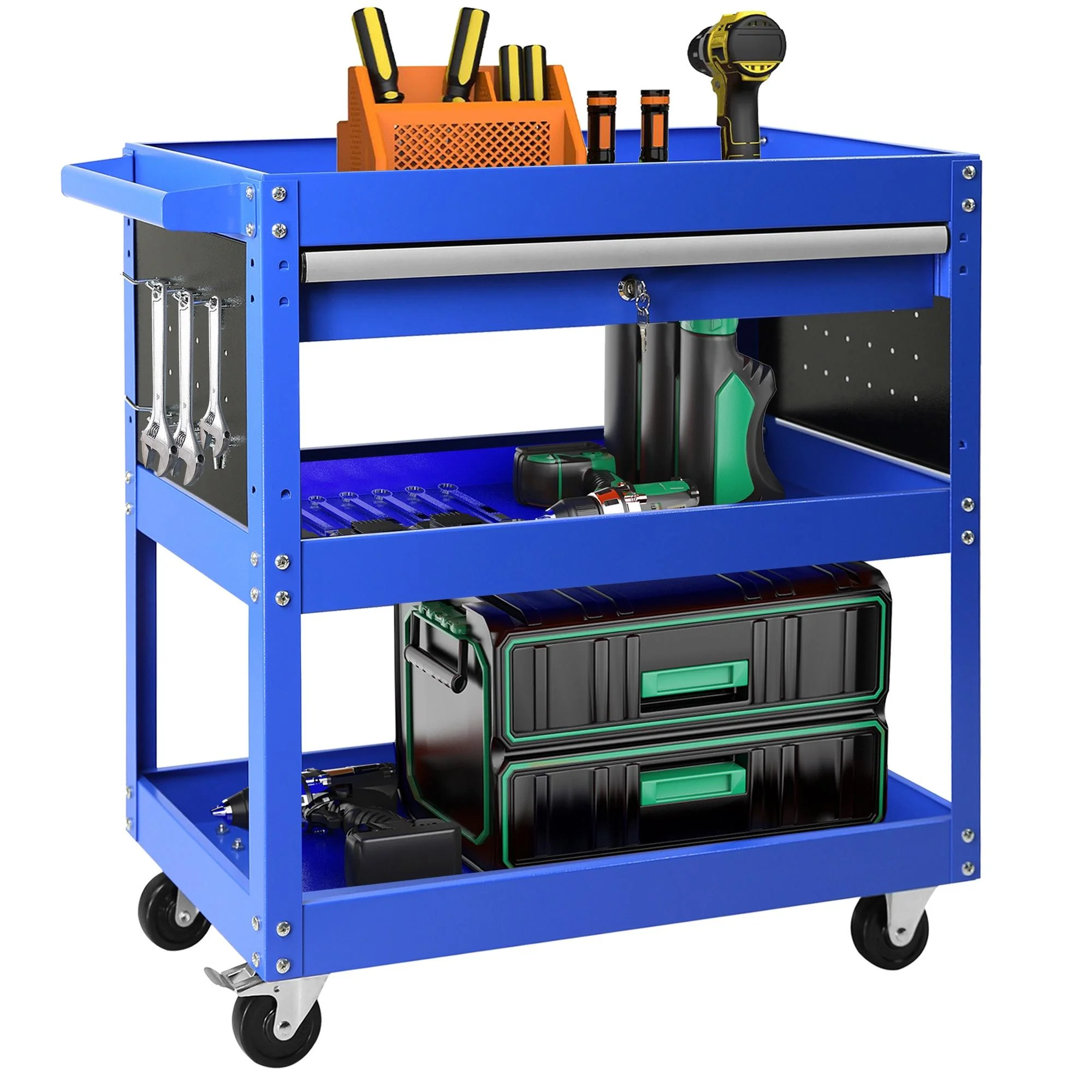 Rolling Tool Cart with Drawer, Seizeen Heavy Duty Utility Cart on Wheels, Garage Workshop Tool Organizer, 3 Tray, 1 Lockable Drawer, 6 Side Hooks