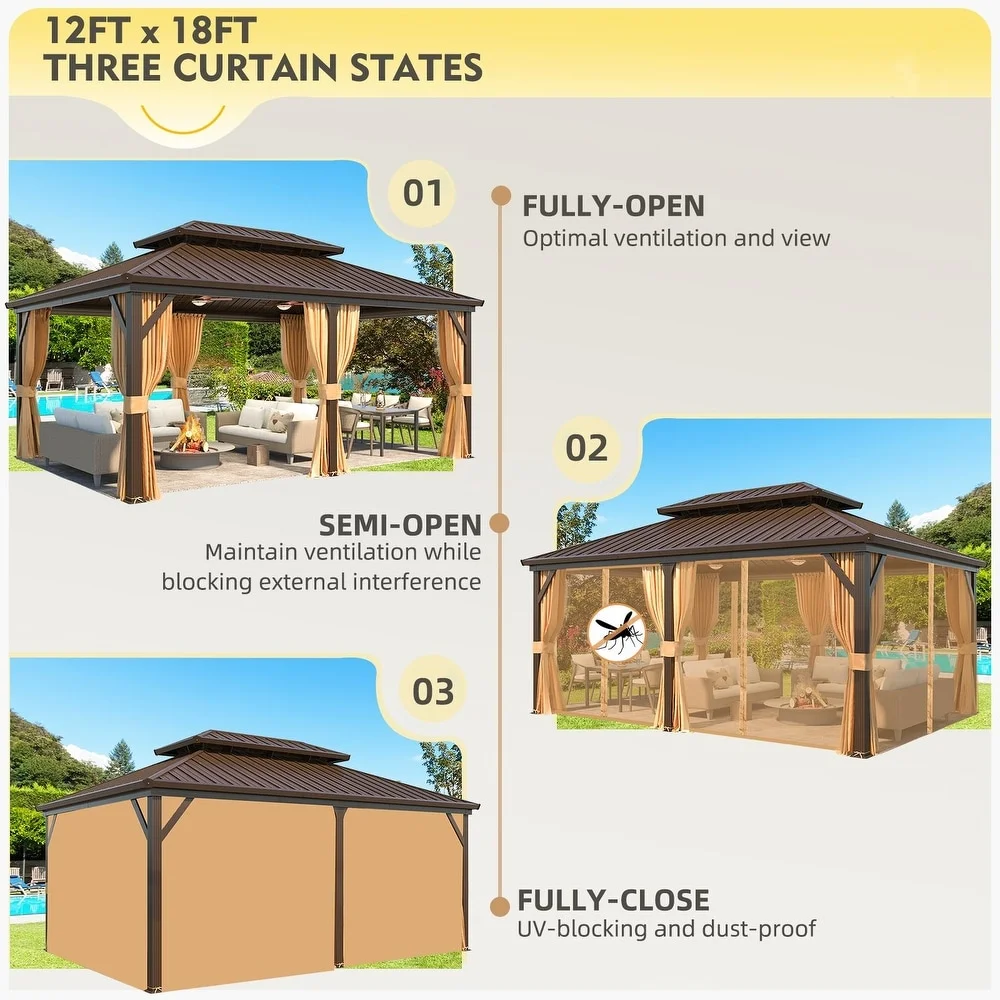 Richryce 12'x18' Hardtop Gazebo with Galvanized Steel Double Roof & Aluminum Frame, Outdoor Gazebo with Premium Curtains and Nettings