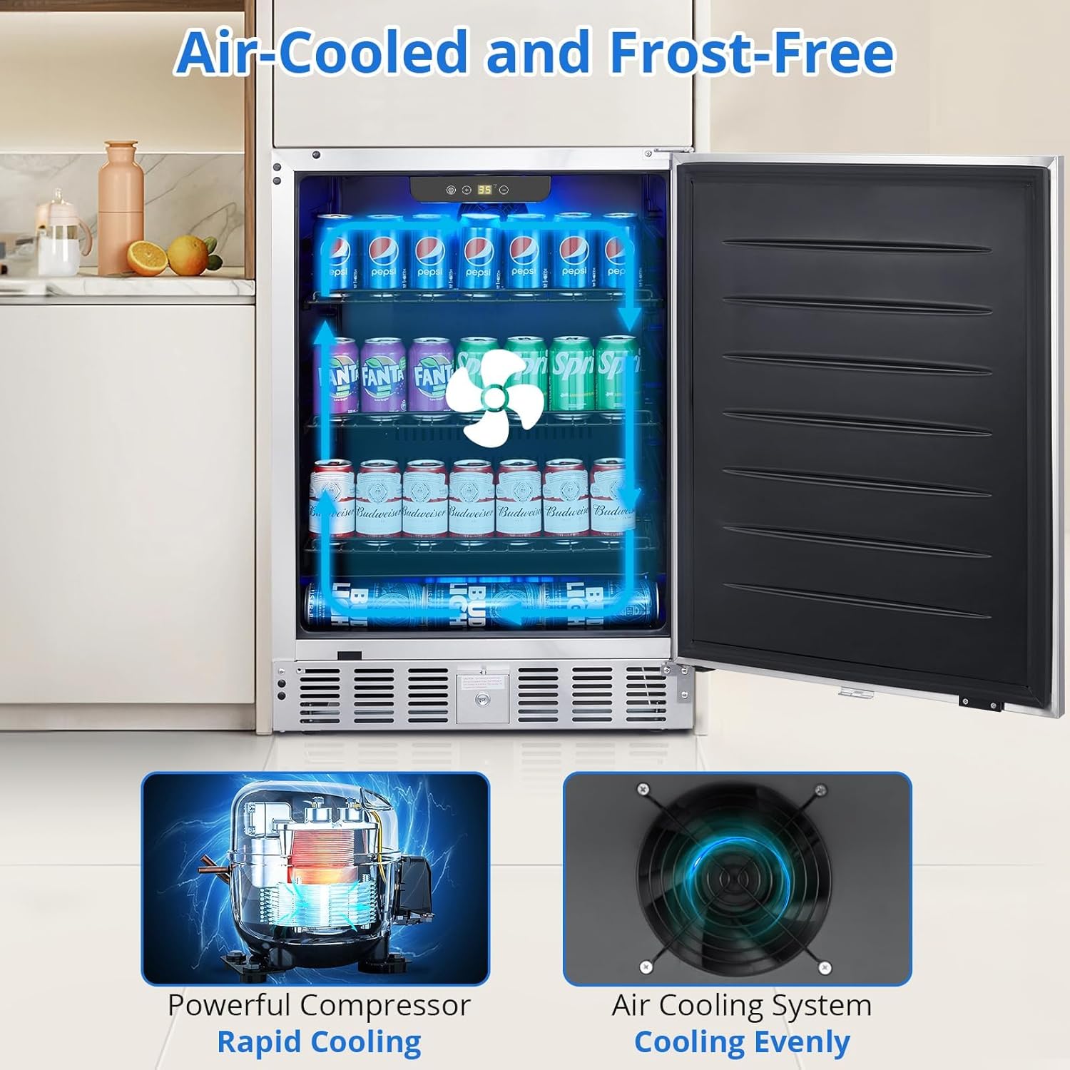 24 inch Undercounter Refrigerators, Weatherproof Outdoor Fridge with Stainless Steel Body for Patio, Beverage Refrigerator with Removable Shelves, Lockable Design for Home and Commercial 5.0 Cu.Ft