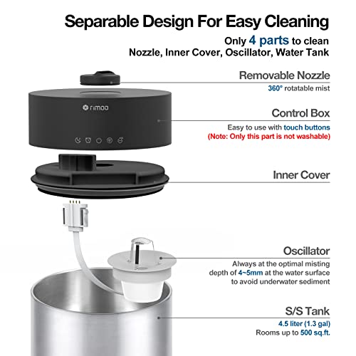 RIMOO Ultrasonic Cool Mist Humidifier with Stainless Steel Tank