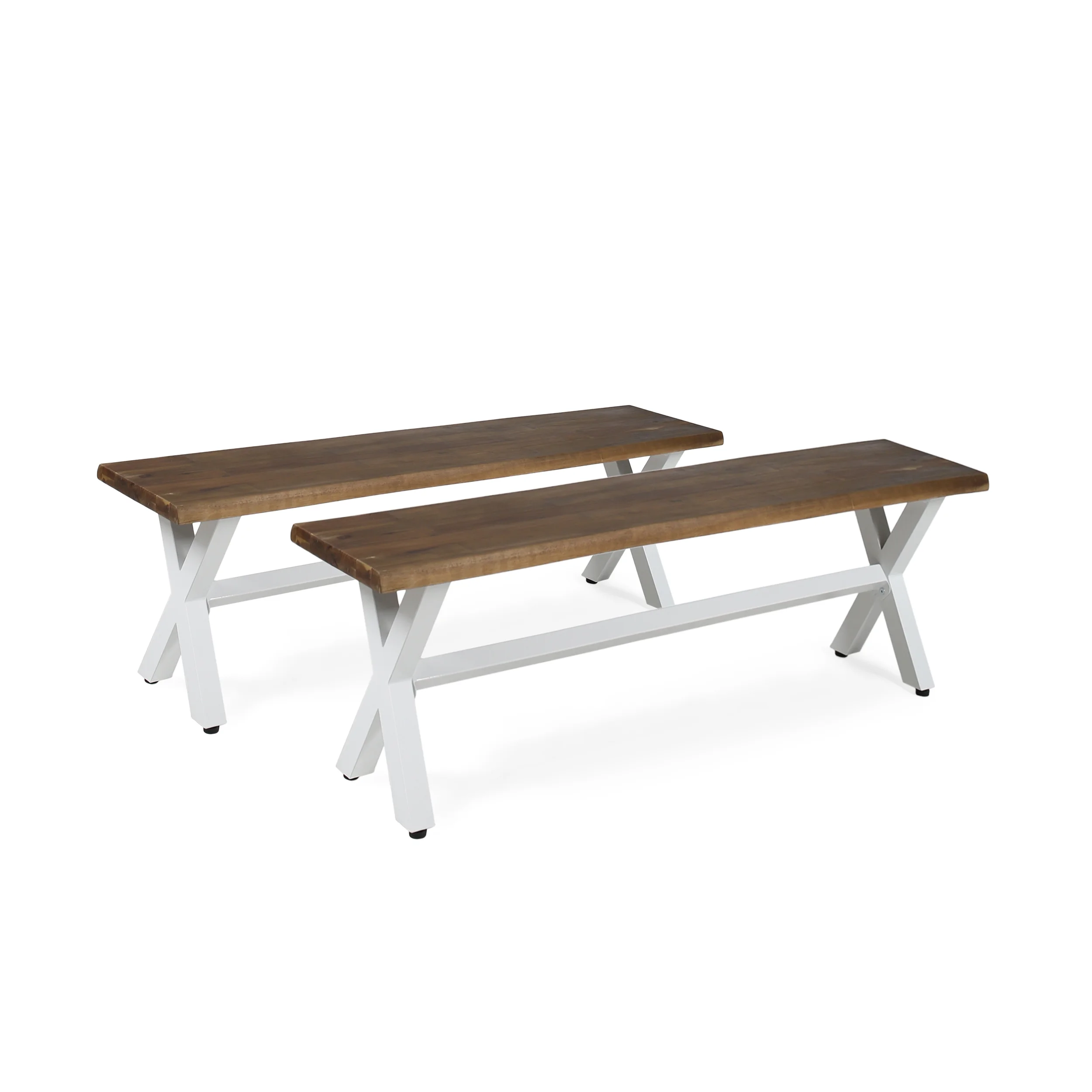 Cassie Outdoor Acacia Wood Dining Bench with Iron Legs, Dark Oak and White Rustic Metal