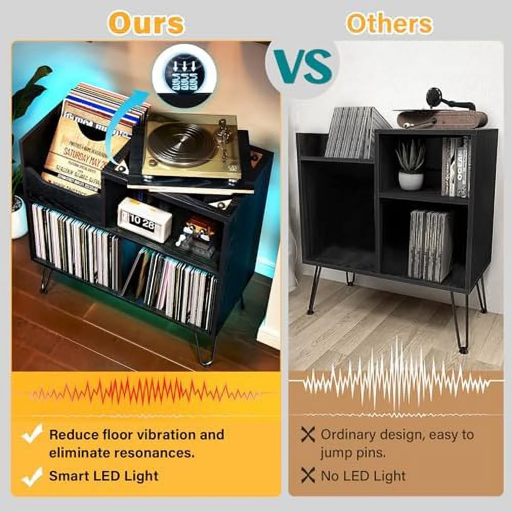 RUNFAYBIU Record Player Stand with Vibration-Isolated Turntable Design  Vinyl Record  Table with Charging Station  Mid-Century Modern Turntable Stand (Black)