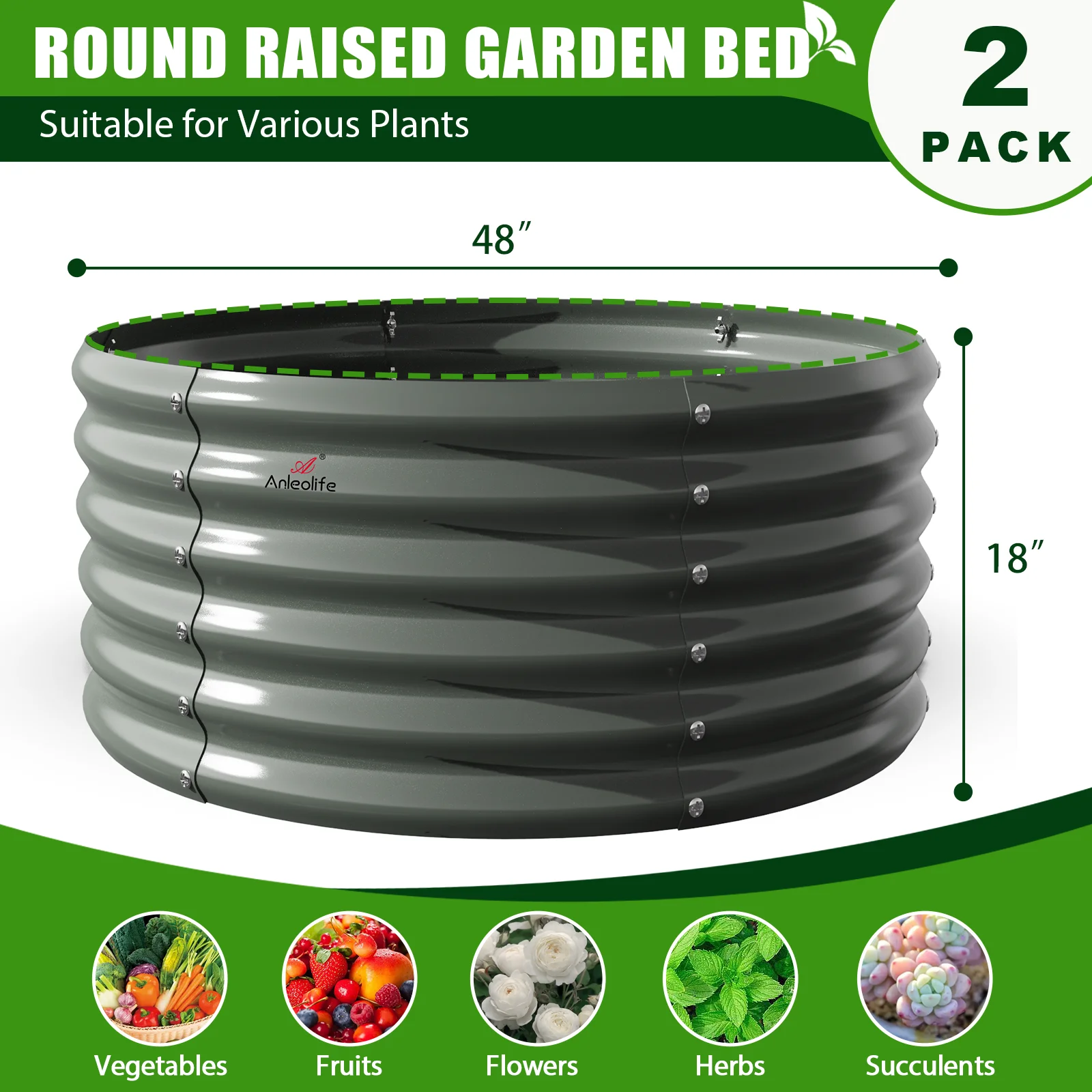 2 Pack-4Ft Round Galvanized Raised Garden Bed, 18” Tall Above Ground Modular Metal Planter Boxes Outdoor For Vegetables Flowers Herbs, Anti-Rust & Easy-Setup Quartz Grey - Curated Treasures Market