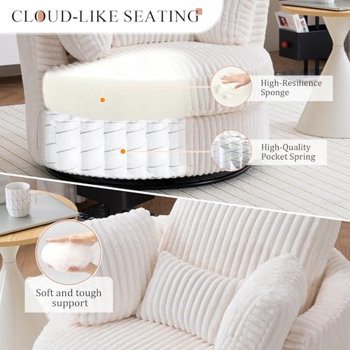Chair and A Half with Ottoman, 360° Swivel Accent Barrel Chair Modern Comfy Round Reading Sofa Swivel Chairs Circle Lounge Chair for Bedroom Living Room w/4 Pillow Lower Seating Heigh (White, Large)