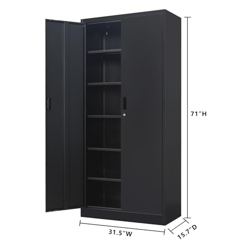 Metal Storage Cabinet, 71" H Locking Cabinet with 5 Adjustable Shelves for Garage, Classroom, School, Home, Office, Pantry-Black