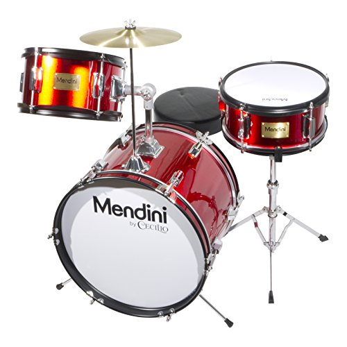 Mendini By Cecilio Kids Drum Set, 3 Piece Junior Drum Set for Beginners with Bass Tom Snare Drum, 16 inch Drum Kit with Snare, Cymbal, Drumsticks, Adjustable Seat (Metallic Red)