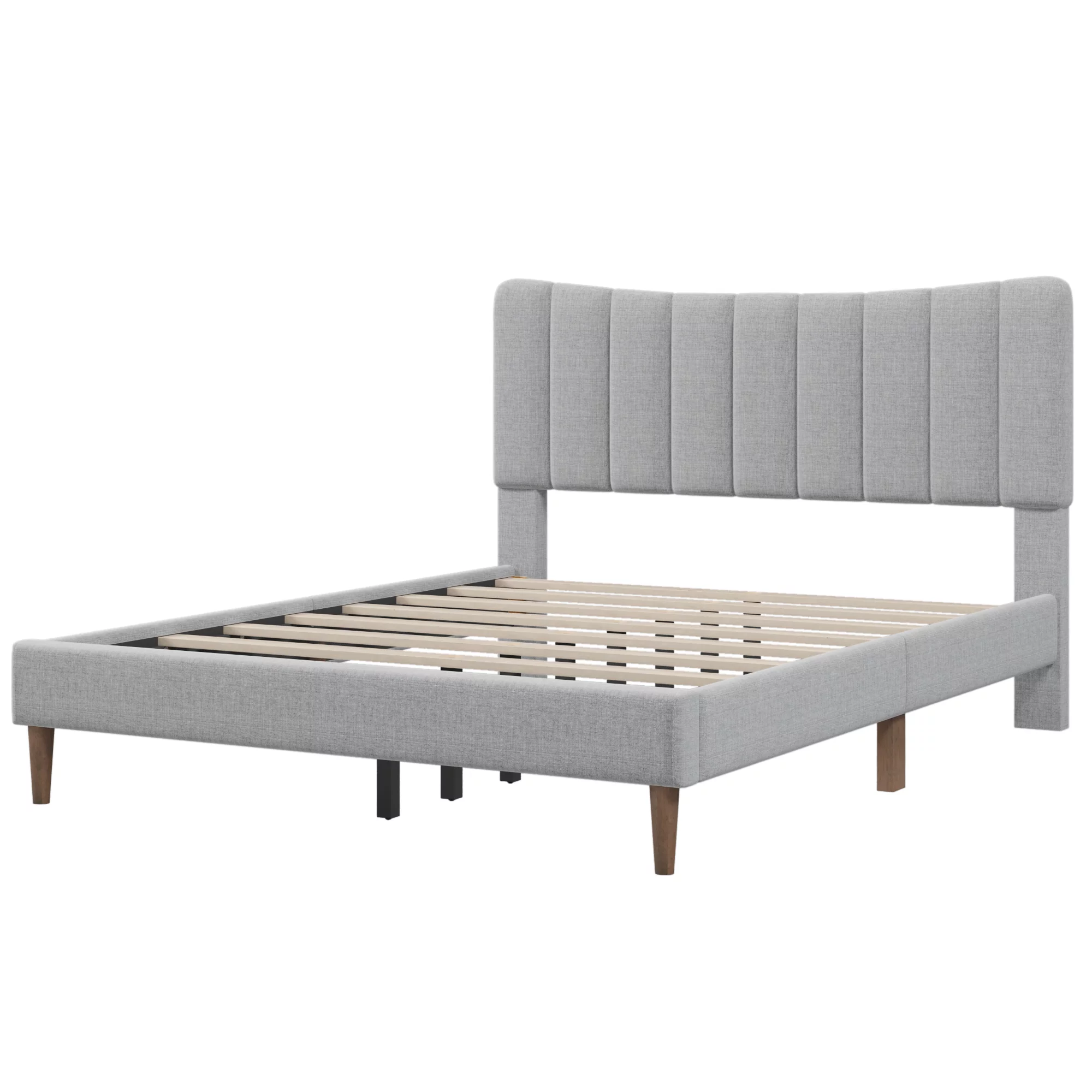 Queen Size Platform Bed Frame with Linen Vertical Channel Tufted Headboard and Wooden Slats Support, Fully Upholstered Mattress Foundation, No Box Spring Needed, Easy Assembly, Gray