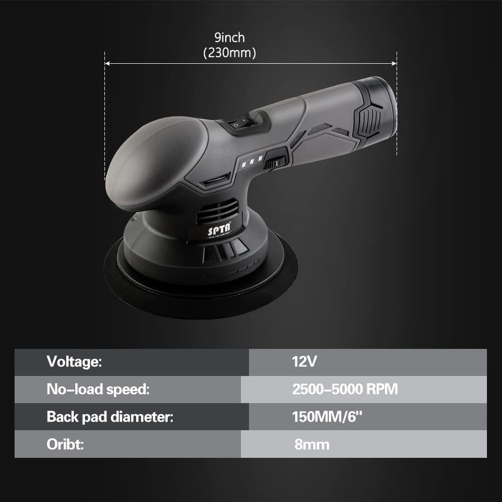 Cordless Car Buffer Polisher, SPTA Polisher with 2Pcs 12V Lithium Rechargeable Battery Brushless Polisher with Variable Speed, Portable Polisher with Polishing Pads Kit For Buffing/Polishing/Sanding