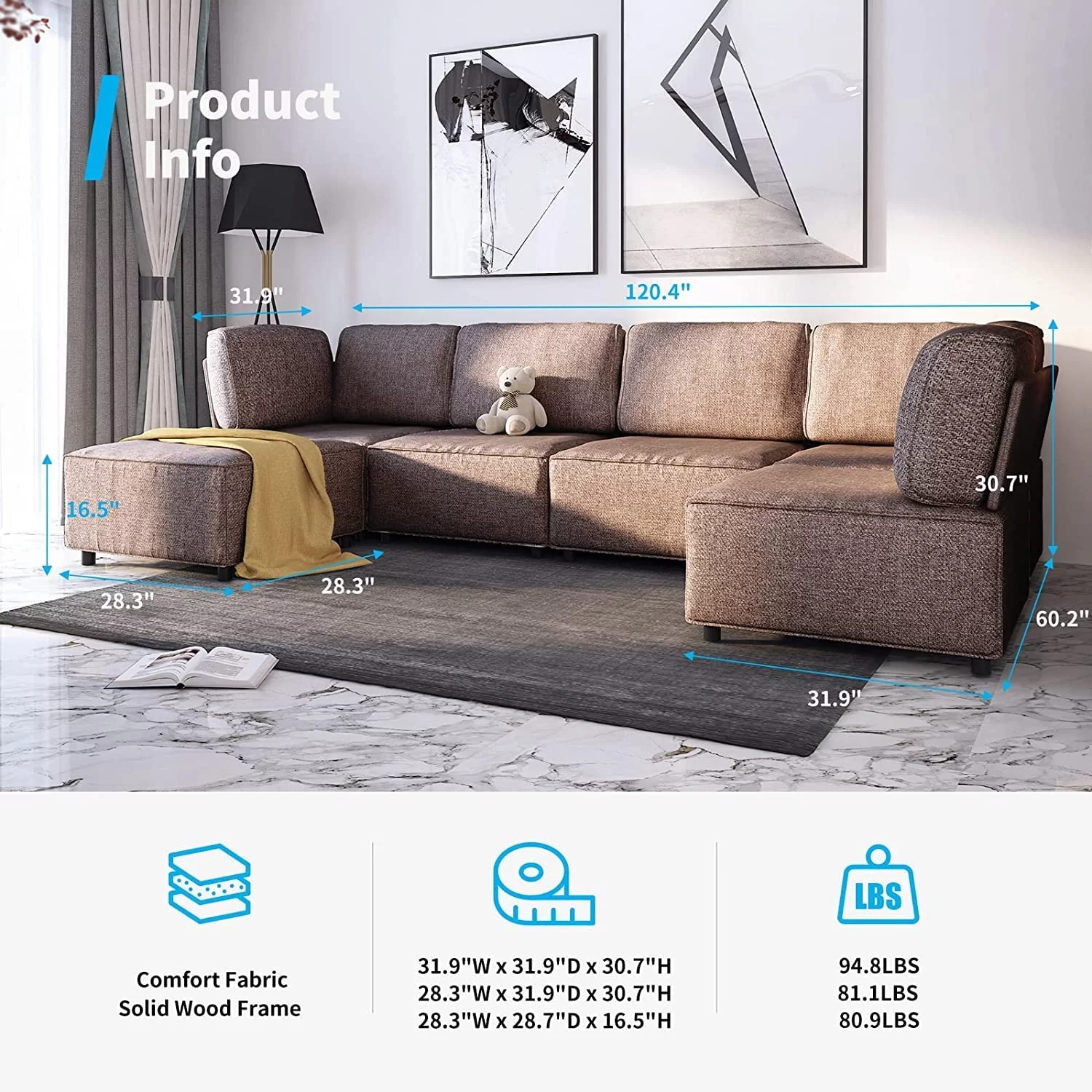 BALUS 120"W Sectional Sofa, Soft Cozy Lounge, Convertible Modular Long Couches, Free Combination U/L Shape, Linen Fabric, Real Wood Frame and Foam Seaters, Pets Friendly, for Apartment, 6PCS Brown