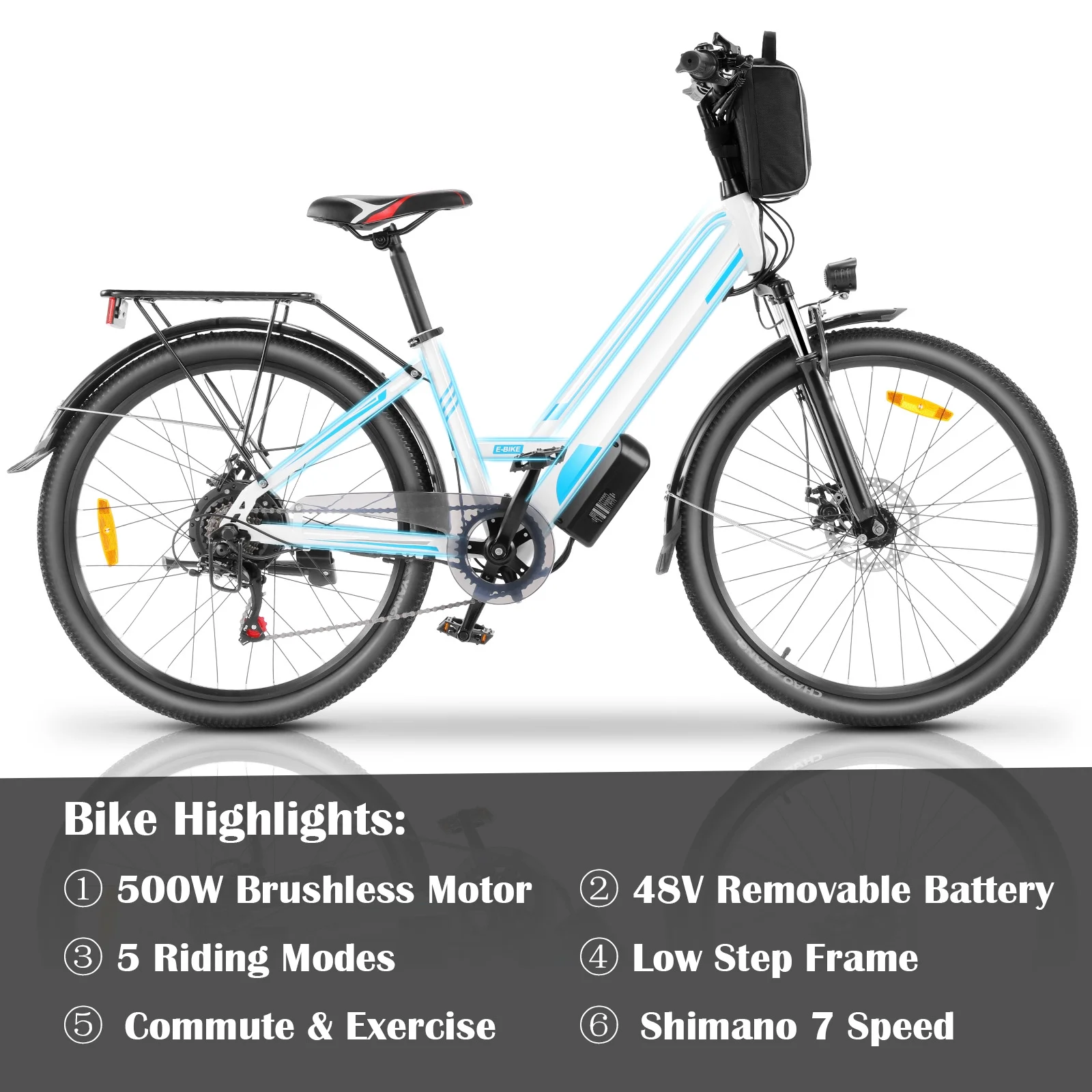 Gocio 500W 26'' Electric Bike 48V Electric Bicycle for Adults, 19MPH Cruiser Ebike, Electric Commuter Bike with Carrier Rack, Low Step Frame Shimano 7 Speed for Men Women Senior
