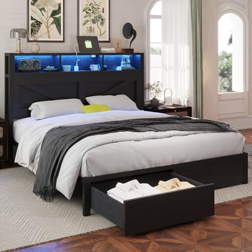Farmhouse Full Bed Frame with Bookcase Headboard and Storage Drawers, LED Lights and Charging Station, No Box Spring Needed, Noise Free, Rustic Brown