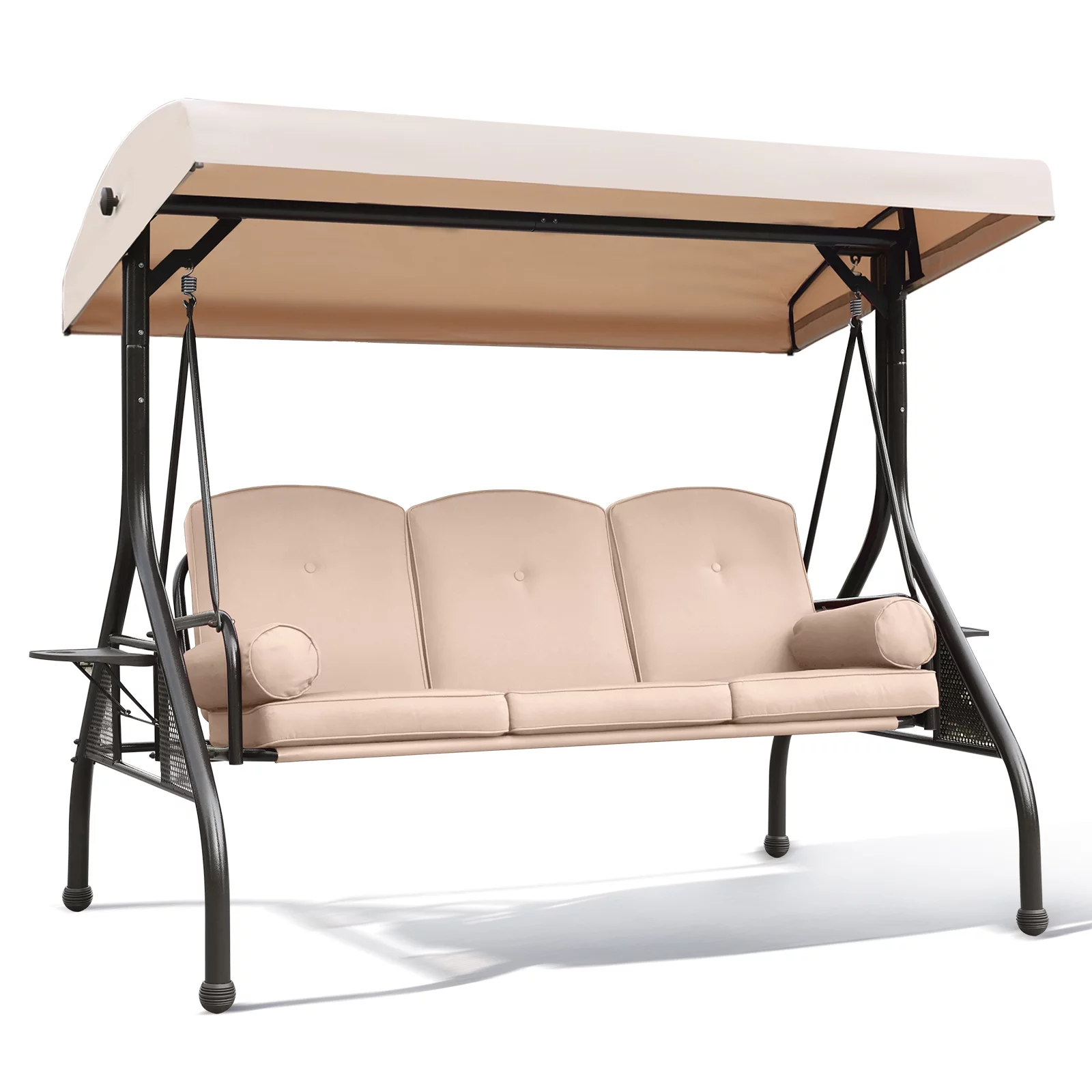 NOBLEMOOD 3-Seat Patio Porch Swing with Adjustable Canopy, Thickened Cushion & Foldable Tray, Khahi