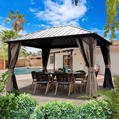 Kozyard Caesar 10'x10' Hardtop Gazebo - Permanent Metal Pavilion with Netting and Shaded Curtains for Patio, Backyard, and Deck - Galvanized Steel Outdoor Aluminum Canopy, Double Roof Gazebo (Grey)
