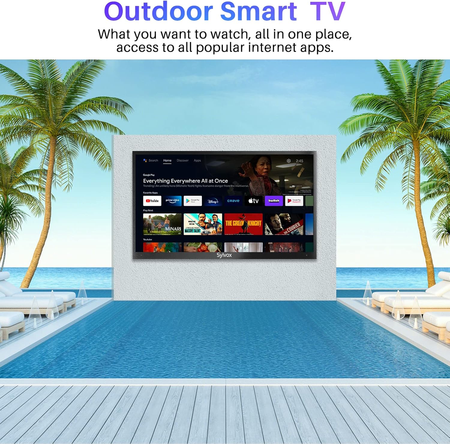 SYLVOX 43” Outdoor Smart TV with TV Mount, Outdoor TV 4K UHD, Voice Remote Control, Google Play Support Support Download APPs, Chromecast Built-in (Deck Pro Series)