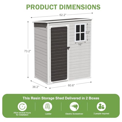 8x6x7 FT Resin Storage Shed, Waterproof Outdoor Storage Shed w/Floor, 2 Windows, Double Lockable Doors & Vents, Tool Shed for Patio Garden, Lawn, Backyard, Dove Grey