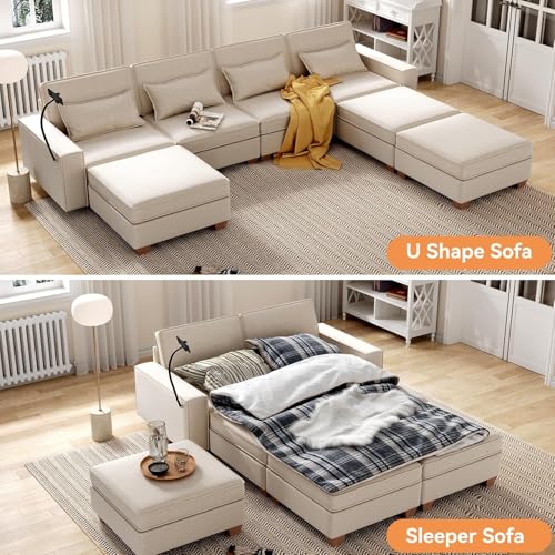 Modular Sectional Sofa, Convertible U Shaped Sofa Couch with Central Console & USB Ports, 7 Seat Modular Sectionals Couch with Chaise and Storage for Living Room, Light Grey