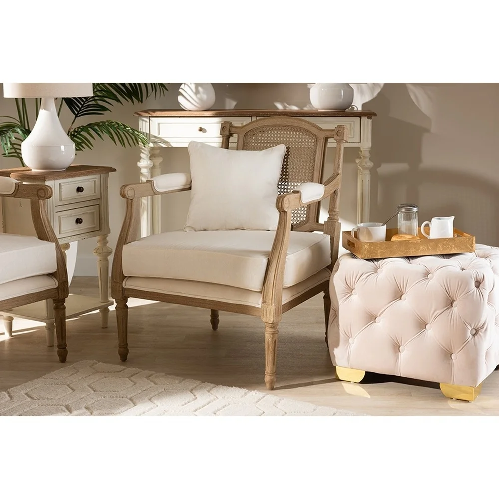 Baxton Studio Clemence French Provincial Ivory Fabric Upholstered Whitewashed Wood Armchair, Ivory, Oak