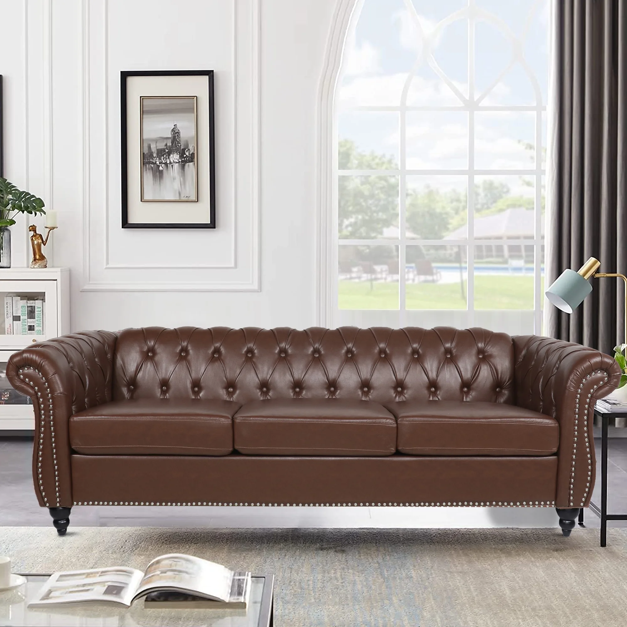 Yocwo 84" Faux Leather Sofa Couch,3 Seater Chesterfield Sofa,Upholstered Rolled Arms Sofa with Nailhead Trim for Living Room, Brown
