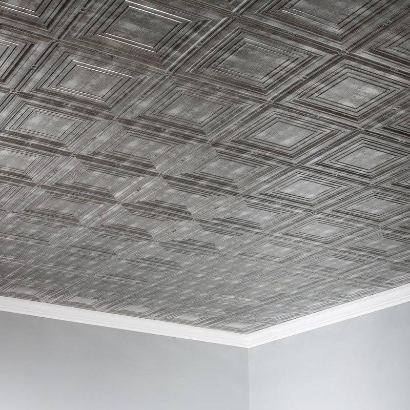 Fasade Portrait Decorative Vinyl 2ft x 4ft Glue Up Ceiling Tile in Crosshatch Silver (5 Pack)