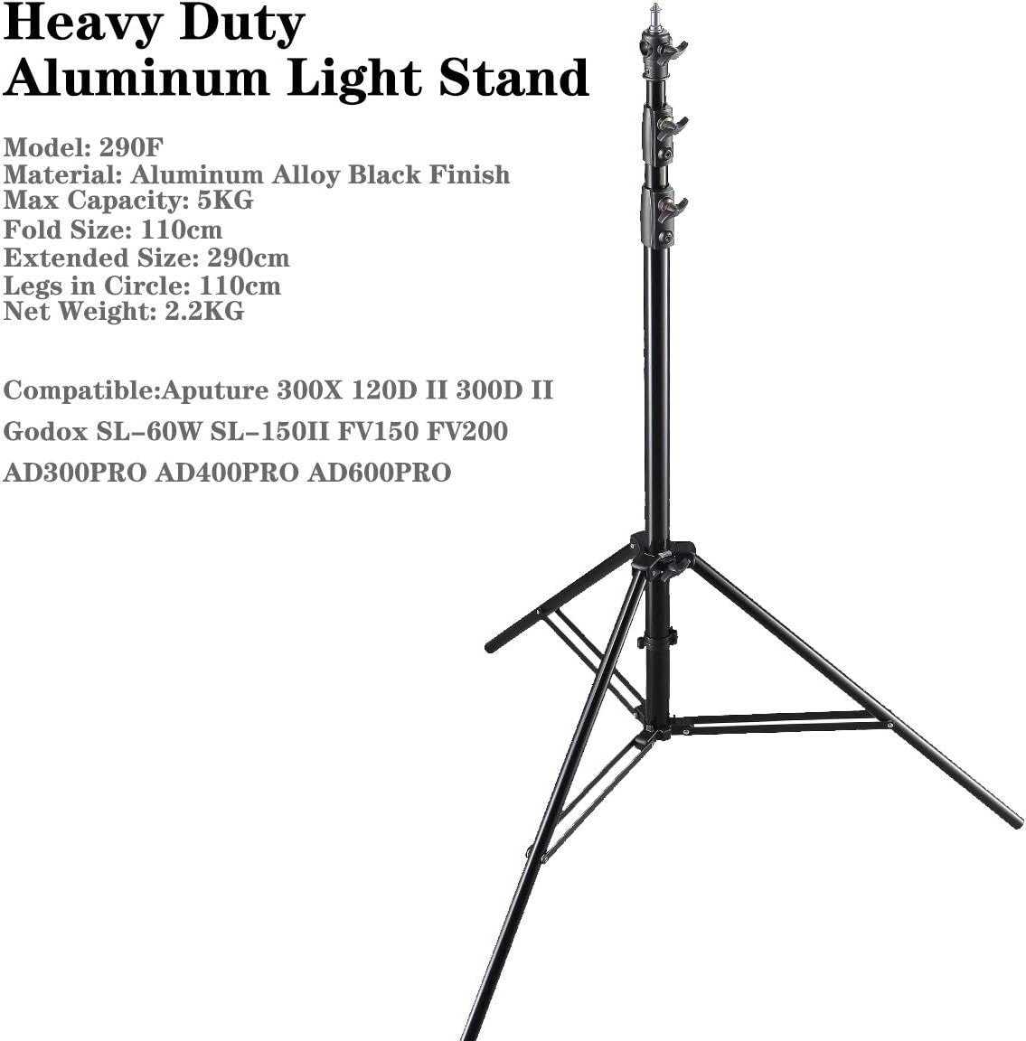 Godox Heavy Duty Aluminum Photography Light Tripod Stand for Studio Photography Lighting, Backgrounds, Monolights, Strobe Flash - 286CM, 112 Inches Pack of 2