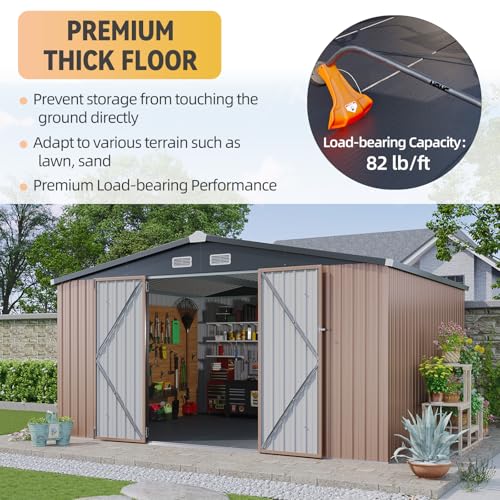 Aoxun 10 x 12FT Outdoor Storage Shed with Double Hinged Large Door Utility Garden Shed with Lockable Door & Sloped Roof Metal Sheds Outdoor Storage for Garden, Backyard, Patio and Backyard, Brown