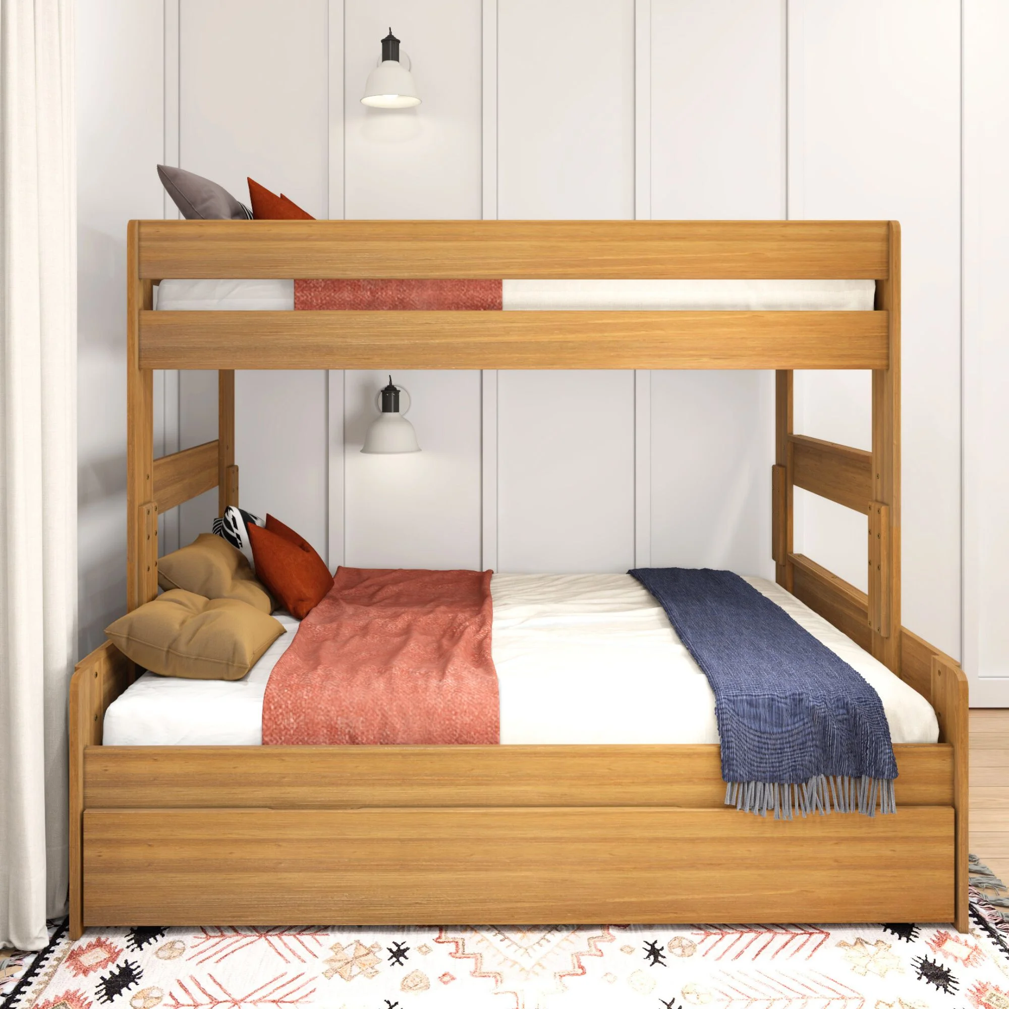 Max & Lily Twin Over Full Bunk Bed with Trundle, Modern Farmhouse Wooden Bunk Beds For Kids, Pecan