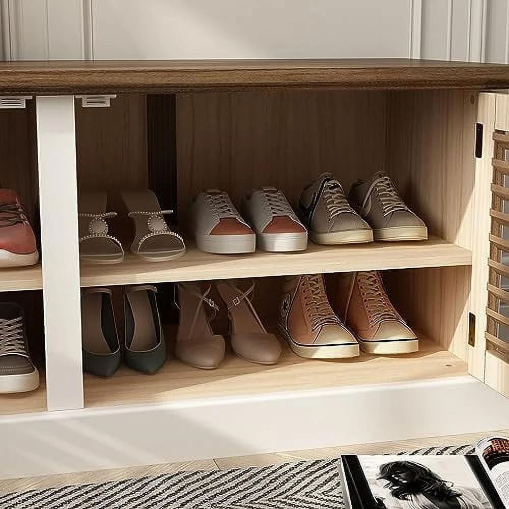 RUNFAYBIU 43.3"  Bench with Louver Doors  Entryway Shoe Bench with  Shelves ; Spacious Seat for Hallway  Mudroom ; Living Room  Brown and White